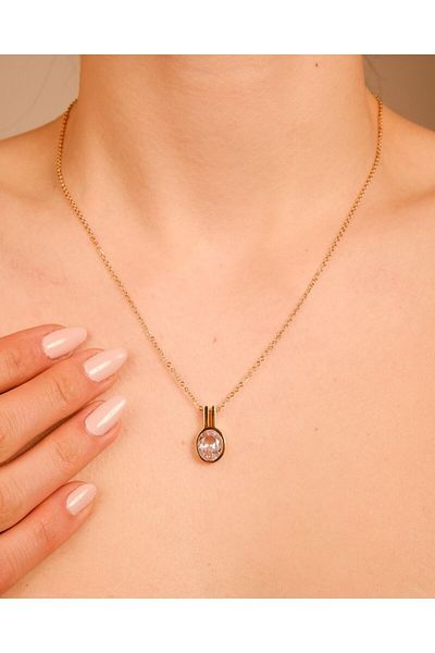 Lekka Design Women's Non-Tarnish Steel Jewelry Oval Zircon Stone Necklace