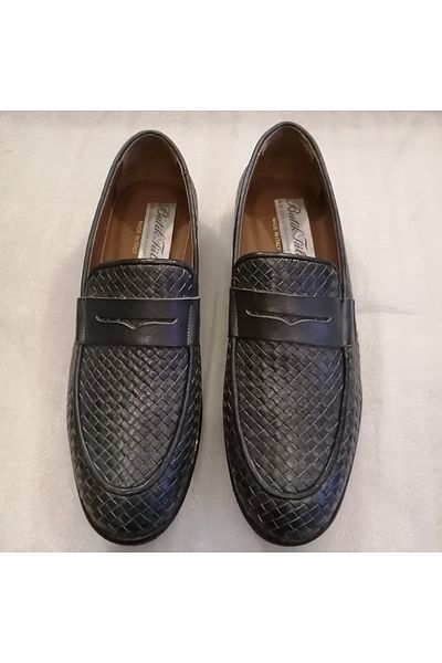 Butik Tülin Unisex Genuine Cowhide Hand Knitted Navy Antique Banded Non-Slip Rubber Sole Loafer Made in Italy