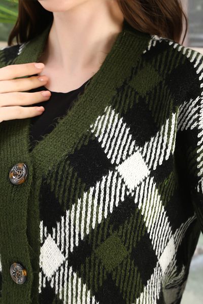 sportiness Oversize Soft Plaid Square Knitted Buttoned Strickery Cardigan