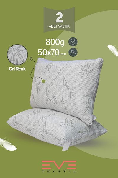 Eve Tekstil Bamboo Grey Series - 2 Pieces 50X70Cm Antiallergic Silicone Fiber Pillows with Cover Zipper and Washable