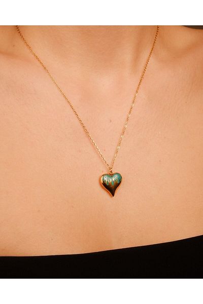 Lekka Design Mint Curved Patterned Heart Non-Tarnish Steel Jewelry Women's Necklace