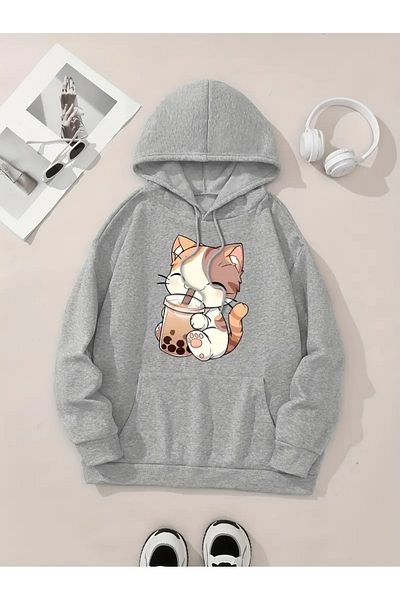 NEW TRENDY COLLECTİON Women's Flag Cat & Sweet Strap Refined Fair Tray Casual Hoodie