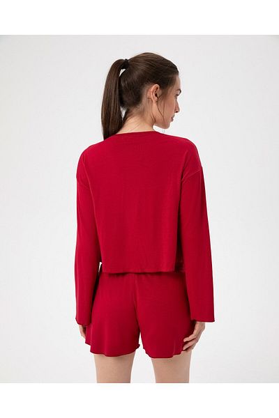 Ayma Active Top pijama roșu pentru femei - mânecă lungă cu nasturi și volane