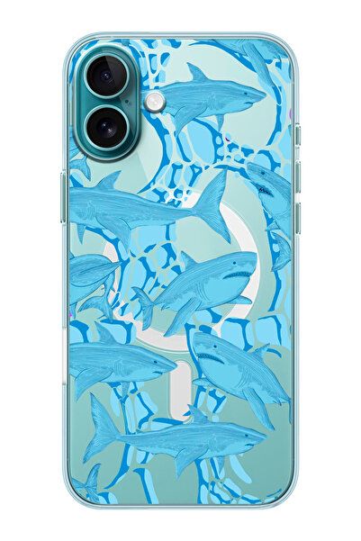 shoptocase iPhone 16 PLUS Uyumlu Köpekbalığı Desenli MagSafe Şeffaf Silikon T...