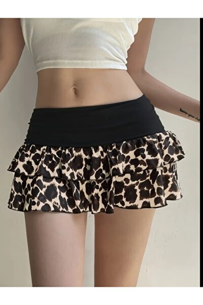 MAROVOAY Buy Black Detailed Leopard Print Super Mini Ruffle Skirt