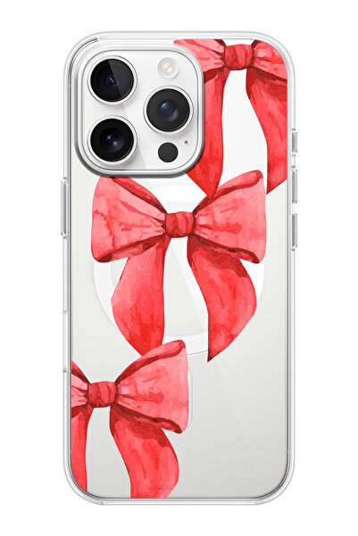 shoptocase iPhone 16 PRO Uyumlu Kurdele Desenli MagSafe Şeffaf Silikon Telefo...