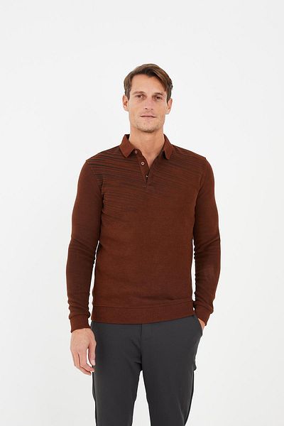 Maccali Men's Classic Buttoned Basic Winter Long Cinnamon Polo Neck T-Shirt
