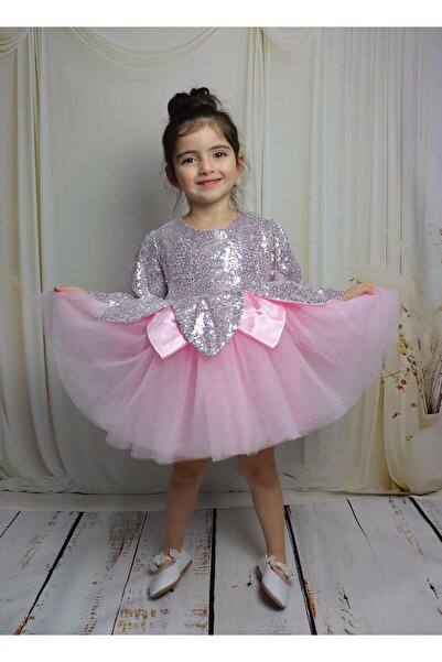 GÜL Baby Payetli Yaprak Figürlü Uzun Kol Kız Bebek Elbise