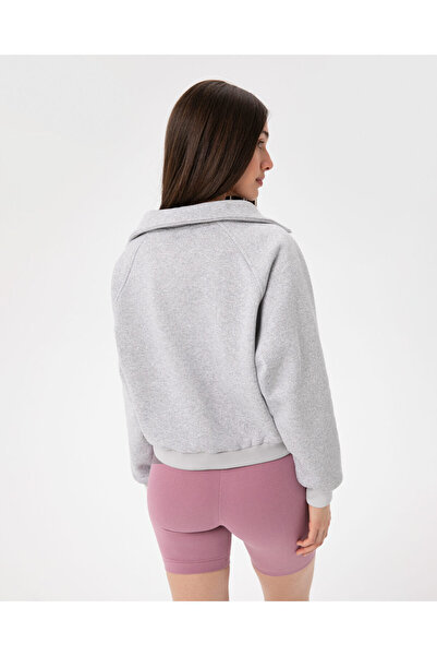 Ayma Active Gray Stand Collar Half Zipper Oversize Sweatshirt