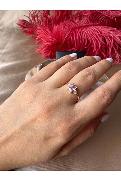 Venüs Doğal Taş Pembe Kuvars Dikdörtgen Prenses Rose Gold Yüzük