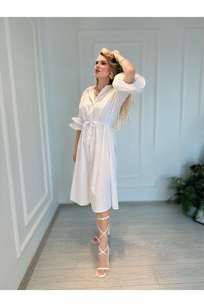 Store Design Belted Shirt Dress - White
