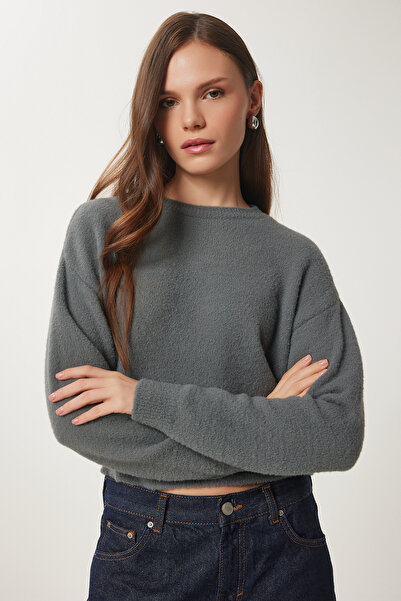 Lovelyİstanbul Gray Crop Knitwear Sweater - Soft Textured Lns0011
