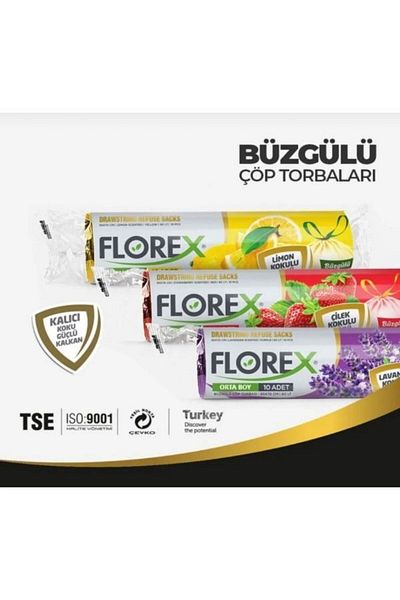 Florex 55X60 cm Eco Pack 3 Pieces Lavender-Strawberry-Lemon Scented Drawstring Garbage Bag