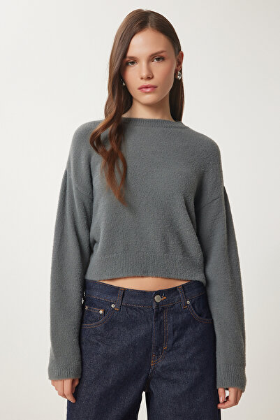 Lovelyİstanbul Gray Crop Knitwear Sweater - Soft Textured Lns0011