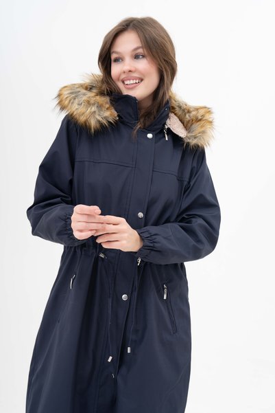 Butik Women's Water Resistant Plus Size Hooded Waist Drawstring Long Fur Coat Coat