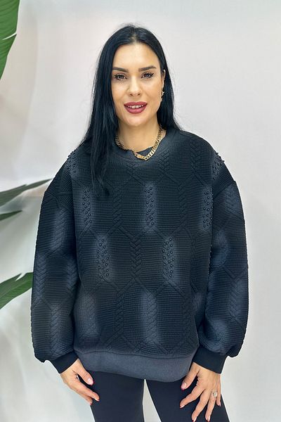 GÖKSEL Plus Size Black Sweatshirt - Stone Detailed Print