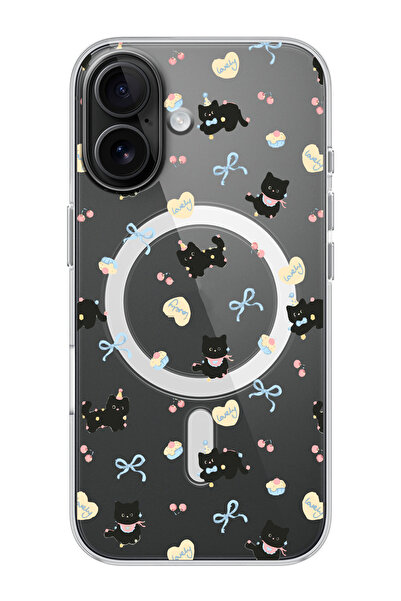 shoptocase iPhone 16 Uyumlu Lovely Cat Desenli MagSafe Şeffaf Silikon Telefon...