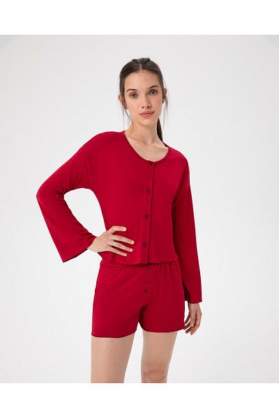 Ayma Active Top pijama roșu pentru femei - mânecă lungă cu nasturi și volane