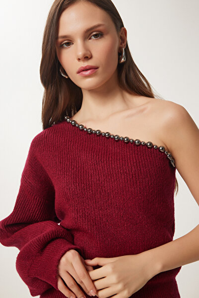 Lovelyİstanbul Pulover de tricotaj cu perle cu un singur umăr bordeaux - LNS0016