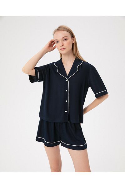 Ayma Active Navy Blue Women's Pajama Shirt - Buttoned, Short Sleeve