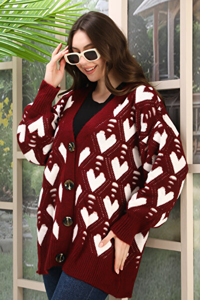 Kayaka triko Oversize Soft Heart Patterned Knitted Detail Buttoned Strickery ...