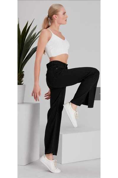pass&pass 2035 Women's Lycra Side Slit Wide Leg Jeans Jeans Denim Trousers