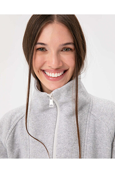 Ayma Active Gray Stand Collar Half Zipper Oversize Sweatshirt