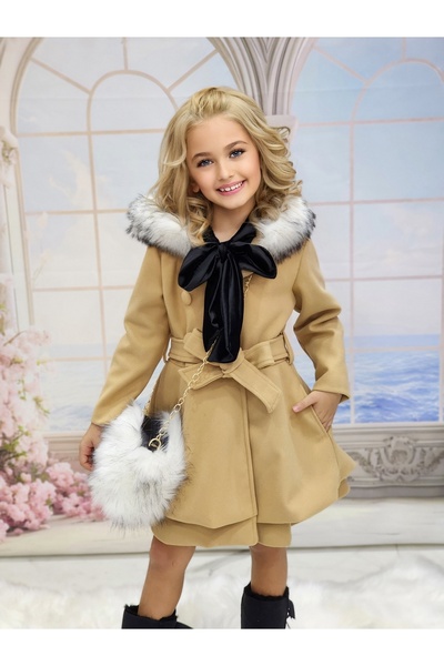 N.S.K NEWSTAR KİDS Çocuk Giyim Çantalı Kadife Elbiseli Kiz Çocuk Kaşe Kaban Kombini