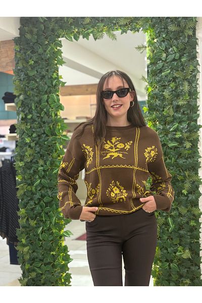 STAMINA Glitter Pattern Detailed Knitwear Sweater with Long Sleeves, Collar, Sleeves and Elastic Skirt