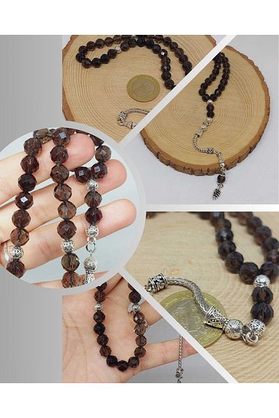 Yasamtohumu Smoky Quartz Stone Top Segment Facet Cut 33' Locket Prayer Beads 8mm (42510)