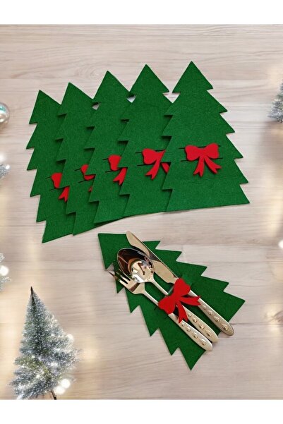 Desenor Concept Yeşil 6 Adet Dekoratif Çam Ağacı Peçetelik Çatal Kaşıklık Keç...