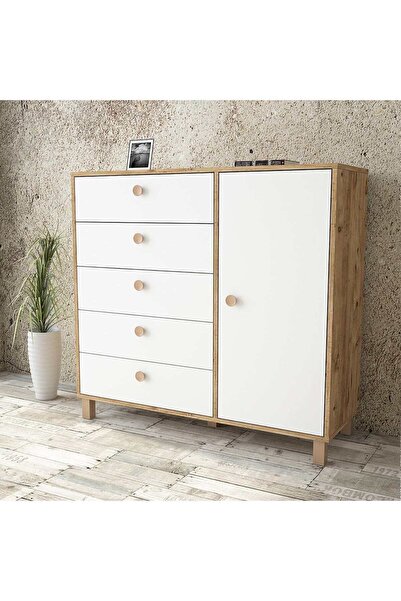 Kardelahome Kardela %100 Mdf Bebek Odası Çocuk Şifonyer 5 Çekmeceli Kapaklı Beyaz Atlantik Çam