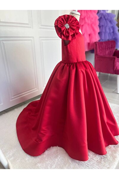 yagmur tasarım Elbise - Kırmızı Kız Çocuk Elbise - ( 7 - 14 Yaşarası) - Tek Omuz