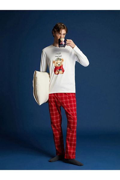 LC Waikiki Σετ ανδρικές πιτζάμες Ecru Standard Mold Bear Teddy Printed