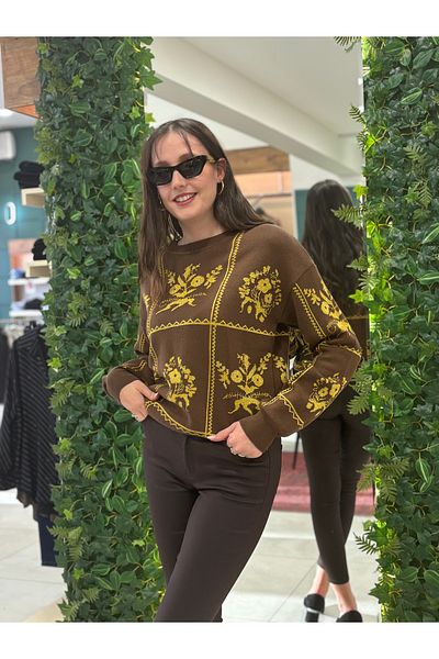 STAMINA Glitter Pattern Detailed Knitwear Sweater with Long Sleeves, Collar, Sleeves and Elastic Skirt