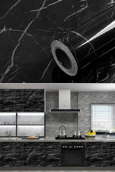 Buffer 5 Mt X 60 cm Black Foil Sticker with Marble Pattern - Waterproof and Adhesive Kitchen Table Countertop