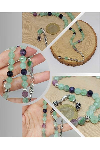 Yasamtohumu Fluorite Stone Top Segment Facet Cut 33' Locket Prayer Beads 8mm (42570)