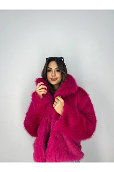 ALFUDO Moda Collection İçi Astarlı Premium Kürk Fuşya Mont