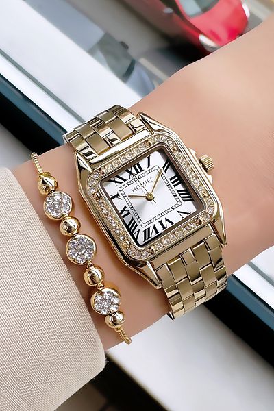 Homies Special Boxed Square Case Women's Wristwatch 3 Atm Waterproof Gold Color Steel Band + Bracelet Hmb3009C1