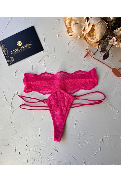 İntive Lingerie Intive φούξια ροζ δαντέλα ψηλόμεσο φανταχτερό στρινγκ με ρίγες στο πλάι