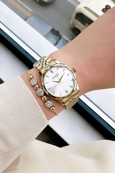 Homies Special Boxed Cutout Case Women Wristwatch 3 Atm Waterproof Gold Color Steel Band+Bracelet Hmb3010C1