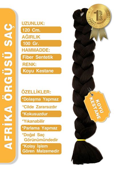 KONAK PERUK Αφρικανική πλεξούδα - Μαλλιά με ίνες σκούρας καστανιάς για Rasta και πλεξούδα κουτιού