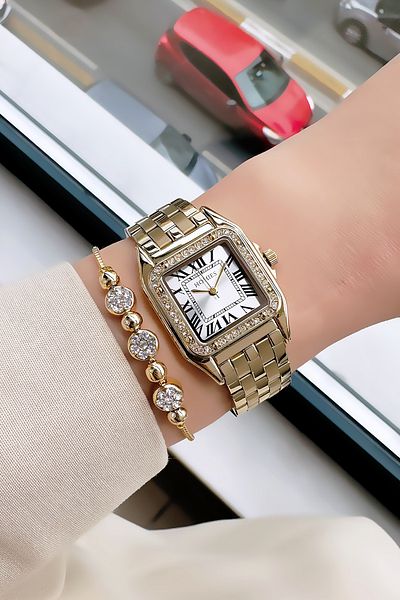 Homies Special Boxed Square Case Women's Wristwatch 3 Atm Waterproof Gold Color Steel Band + Bracelet Hmb3009C1