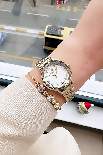 Homies Special Boxed Cutout Glass Women Wristwatch 3 Atm Waterproof Gold Color Steel Band+Bracelet Hmb3005C2