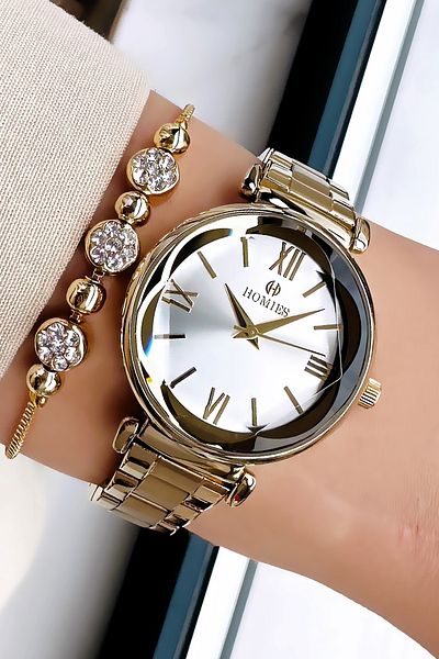Homies Women's Wrist Watch - 3 Atm Waterproof, Gold Color, Steel Band & Bracelet Hmb3008C1