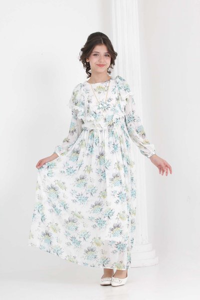 Joui Co Girl's Lined Full-Length Floral Patterned Long Chiffon Dress with Non-Interior Necklace Detail
