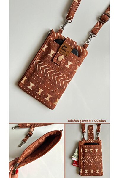 İsella طقم حقيبة هاتف ومحفظة بلون القهوة