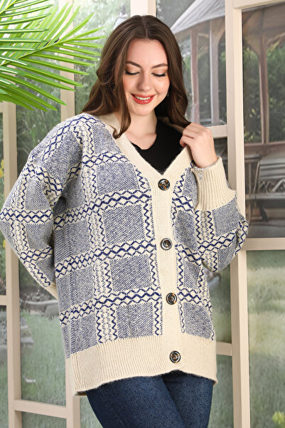 Kayaka triko Oversize Soft Heart Patterned Knitted Detail Buttoned Strickery ...