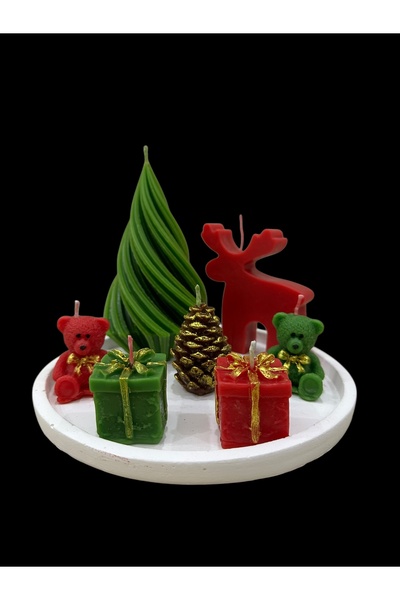 magnocandles Σετ κεριών δώρου Κουτί δώρου με κουκούτσια δέντρου και κουκούτσια από ξύλο με δίσκο παρουσίασης αρκουδάκι