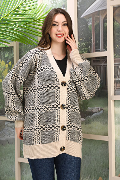Kayaka triko Oversize Soft Heart Patterned Knitted Detail Buttoned Strickery ...